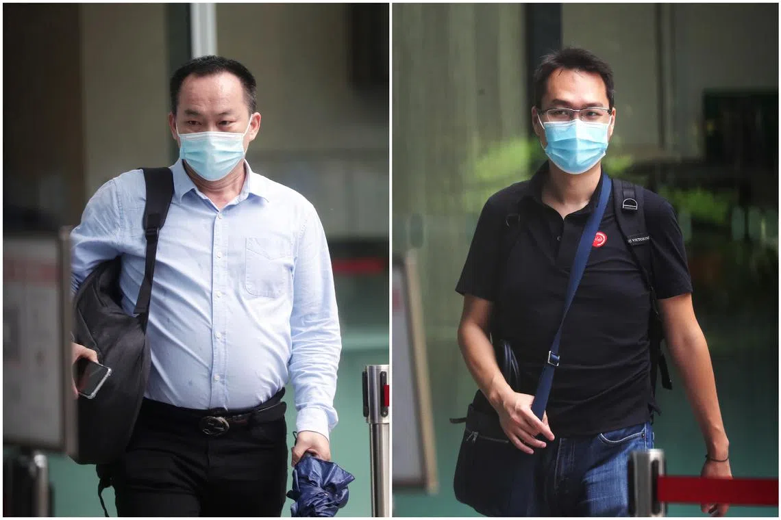 Leong Koon Wah (left) and Ng Kuan Chuan at the State Courts in March 2022. They were jailed on Jan 3 over a bogus investment scheme.