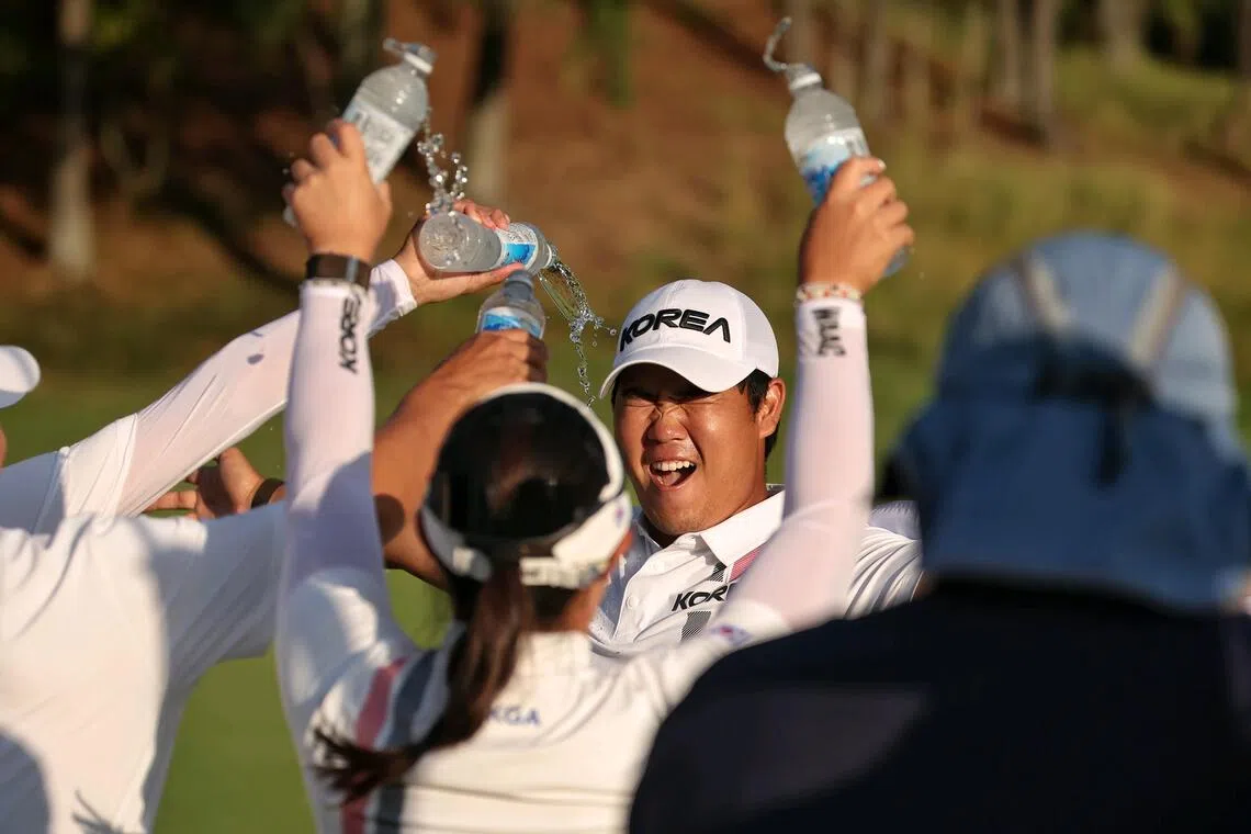 Tom Kim after winning the Asian Games men’s golf gold in Aichi, Japan, on Oct 3.