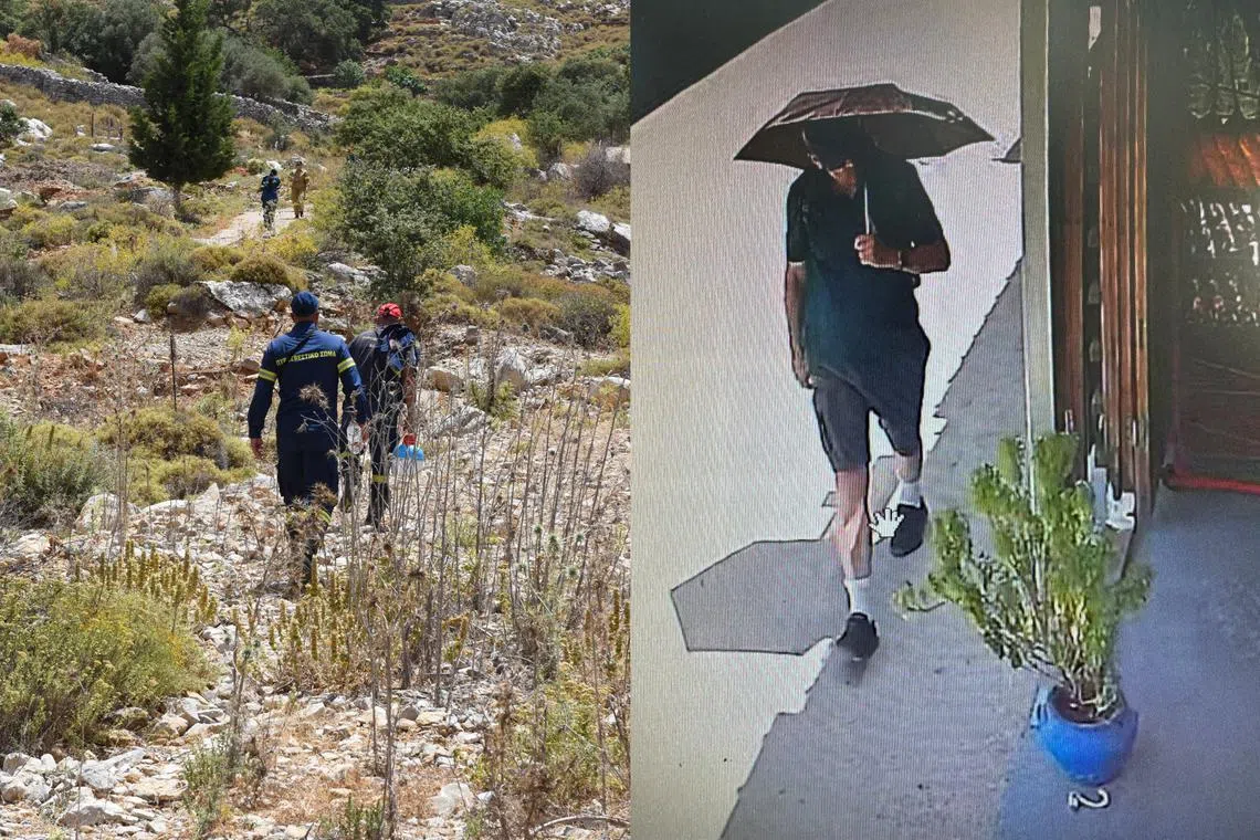 Greek firefighters searching on June 7 for missing British TV presenter Michael Mosley - believed to have been captured in a CCTV image (right).