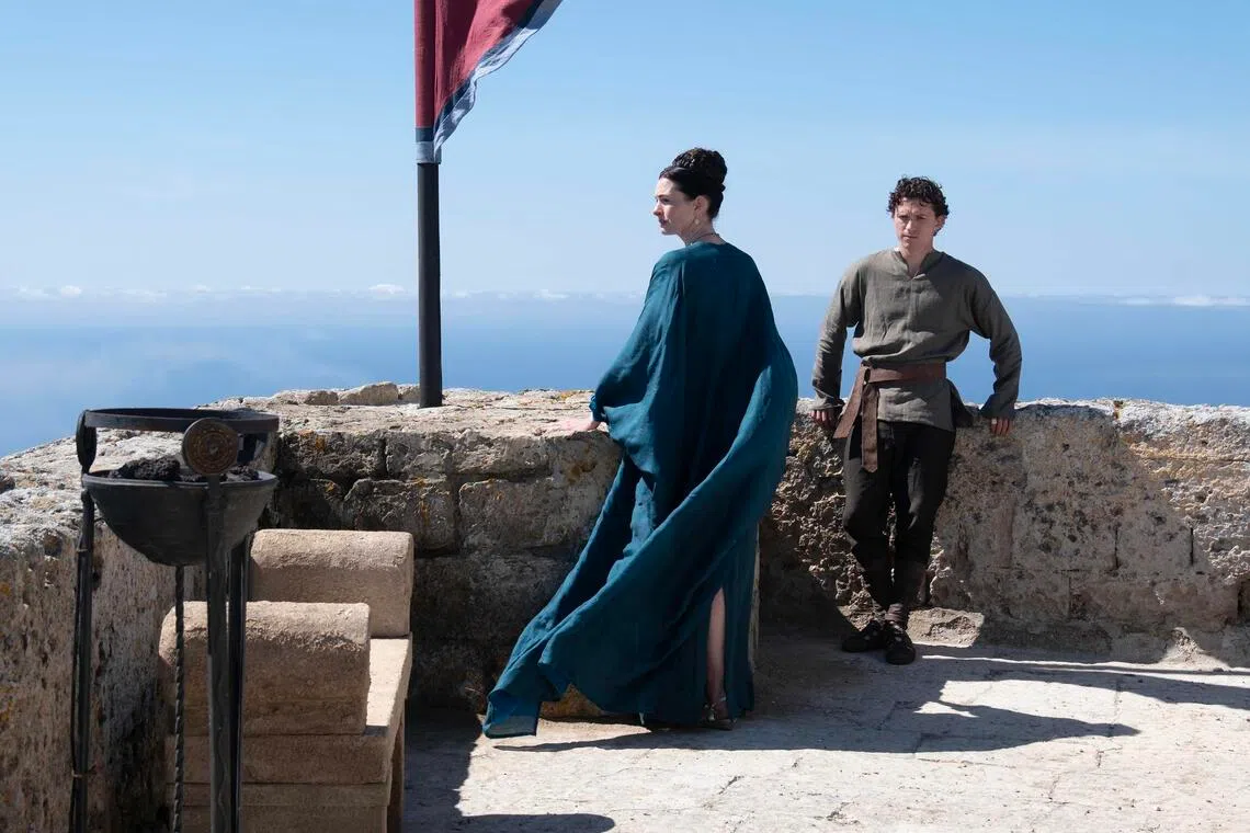 Anne Hathaway (left) as Penelope and Tom Holland as Telemachus in The Odyssey.