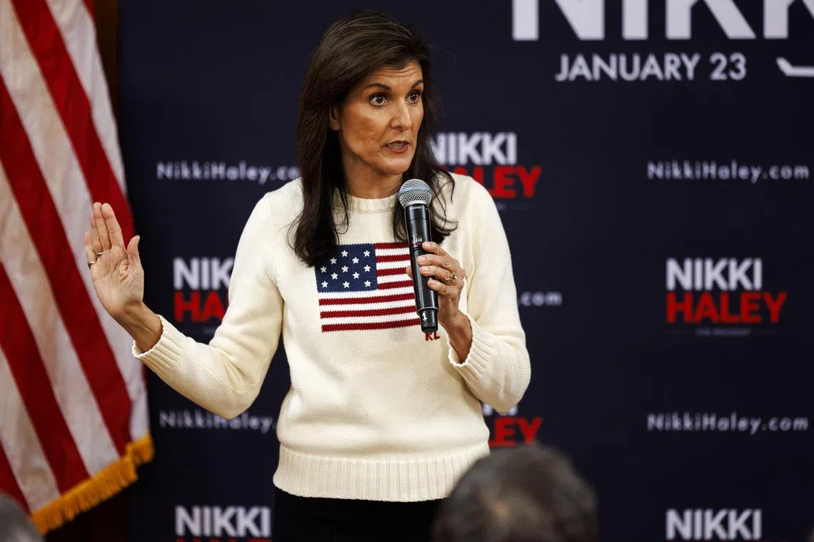Republican presidential candidate Nikki Haley speaks during a rally in Peterborough, New Hampshire.