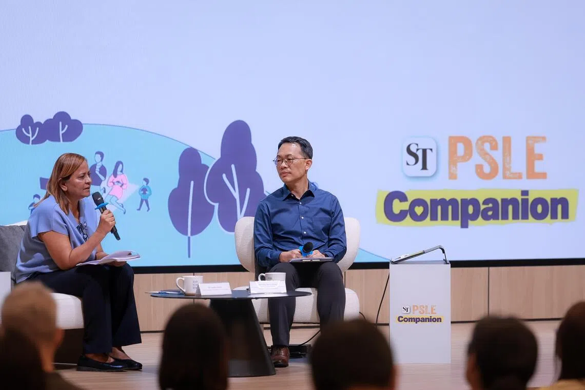 In conversation with Mr Ong Kong Hong (right), divisional director of Curriculum Planning and Development Division 1, Ministry of Education (MOE), moderated by The Straits Times senior education correspondent Sandra Davie at The Straits Times PSLE Prep Forum on April 4, 2026.