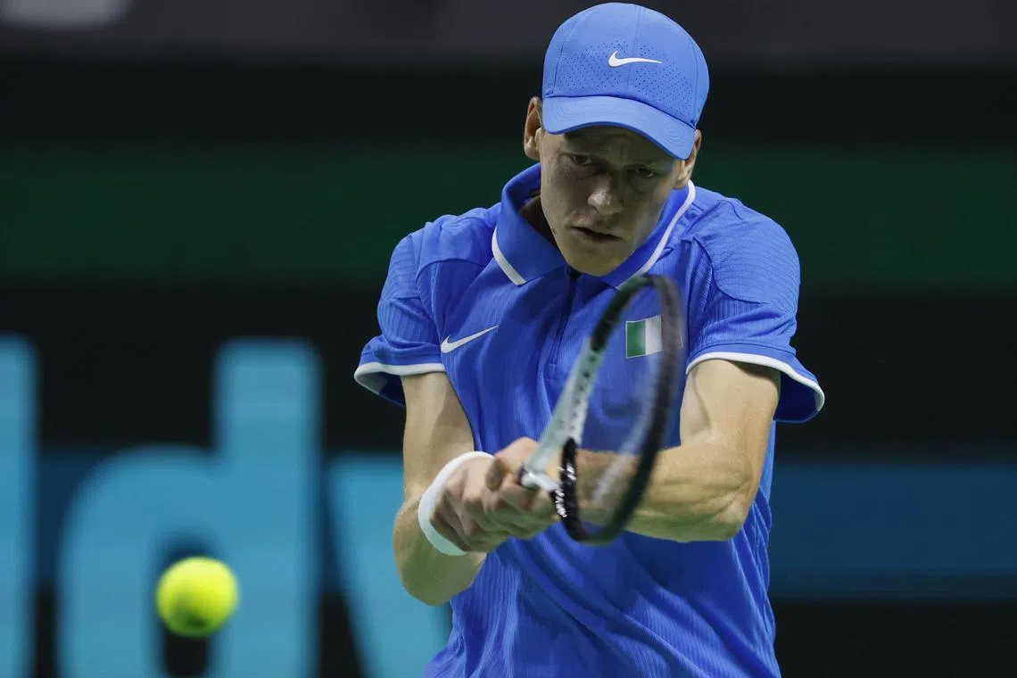 Italy's Jannick Sinner in action against Argentinian Sebastian Baez on Nov 21.