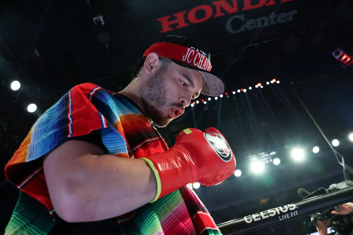 Mexico's Julio Cesar Chavez Jr. enters the ring ahead of his cruiserweight boxing bout against USA's Jake Paul at the Honda Center in Anaheim, California.
