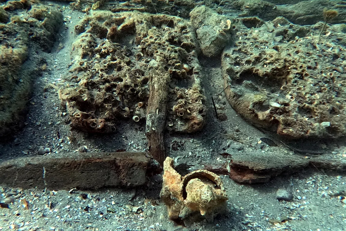 An undated image of the burned hull of an 18th century shipwreck from the golden age of piracy, off of Nassau, the Bahamas.