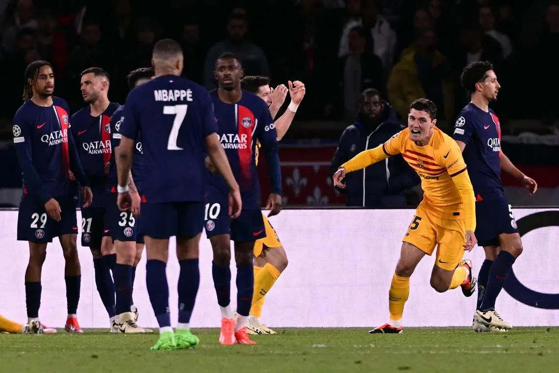 Barcelona defender Andreas Christensen celebrates after scoring the winner in the 3-2 Champions League quarter-final, first-leg win over Paris Saint-Germain.