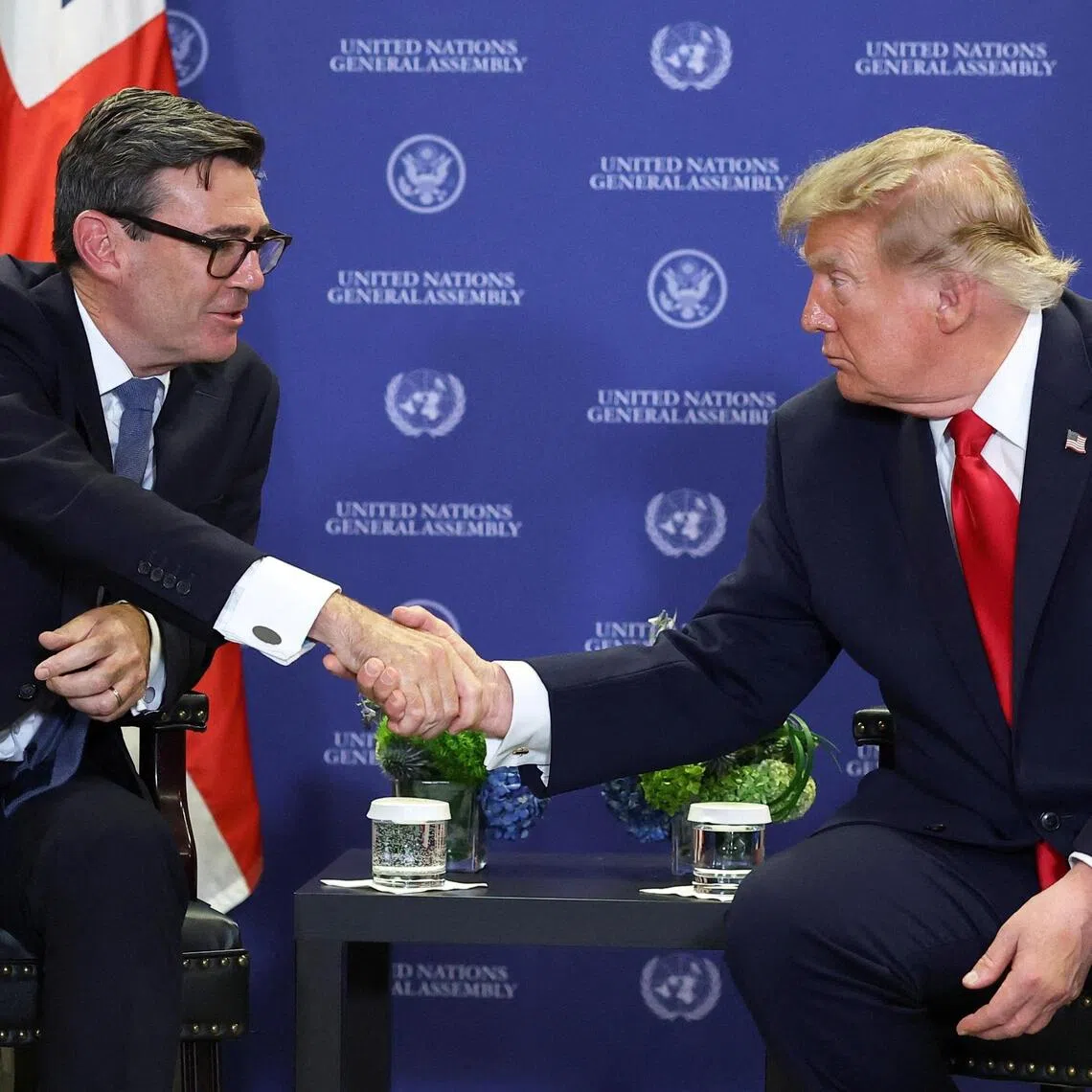 British Prime Minister Andy Burnham (left) shaking hands with US President Donald Trump on the sidelines of the United Nations General Assembly, in New York City, on Sept 22.