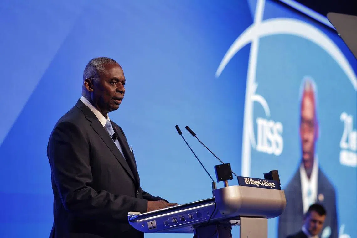 U.S. Defence Secretary Lloyd Austin addresses a plenary session at the 21st Shangri-La Dialogue in Singapore, on June 1, 2024.