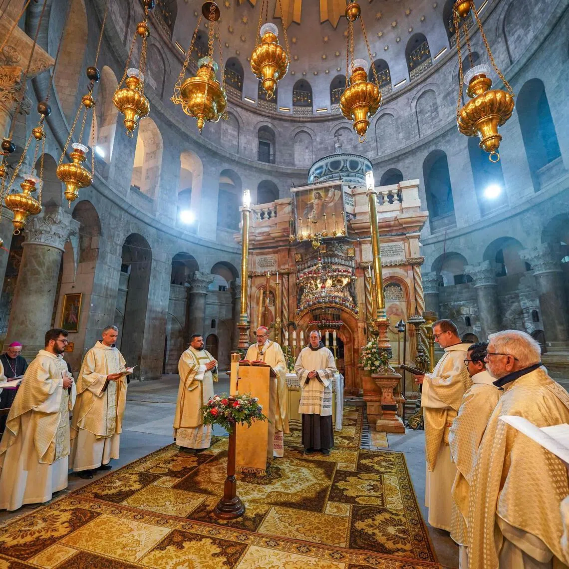 Latin Patriarch of Jerusalem, Cardinal Pierbattista Pizzaballa, leading the Easter Sunday Mass at the Church of the Holy Sepulchre in the old city of Jerusalem on April 5.