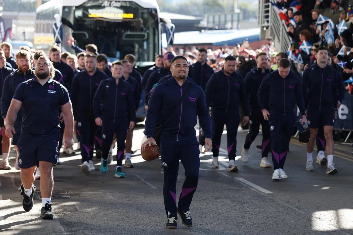 Rugby Union - Six Nations Championship - Scotland v France - Murrayfield Stadium, Edinburgh, Scotland, Britain - March 7, 2026 Scotland's Sione Tuipulotu arrives before the match REUTERS/Russell Cheyne