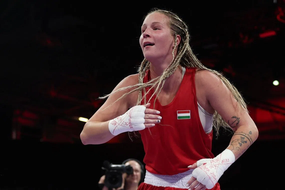 Paris 2024 Olympics - Boxing - Women's 66kg - Prelims - Round of 16 - North Paris Arena, Villepinte, France - August 01, 2024. Anna Luca Hamori of Hungary celebrates winning her fight against Marissa Williamson of Australia. REUTERS/Isabel Infantes