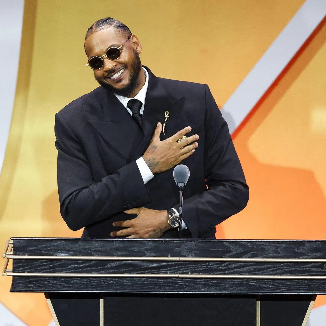 Carmelo Anthony addressing the crowd during the 2025 Basketball Hall of Fame Enshrinement Ceremony at Symphony Hall on September 6, 2025 in Springfield, Massachusetts. 
