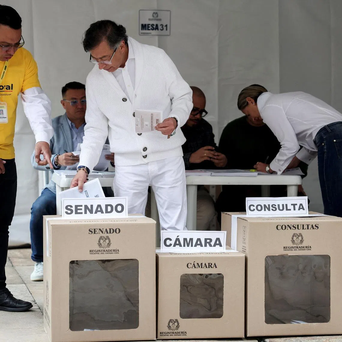 Colombian President Gustavo Petro casts his vote in congressional elections and party primaries for the presidential candidate, in Bogota, Colombia, March 8, 2026. REUTERS/Luisa Gonzalez
