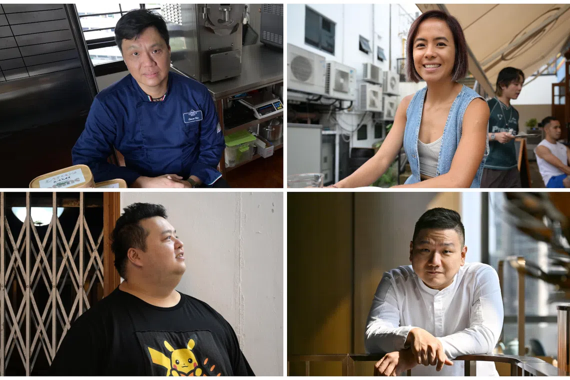 (Clockwise from top left) Mr Chronos Chan of Ethos Gelato Lab, Ms Denise Lum from Maxi Coffee Bar, Chef Marvas Ng who heads Qin Restaurant & Bar, and chef Jason Tan, who used to own Euphoria.