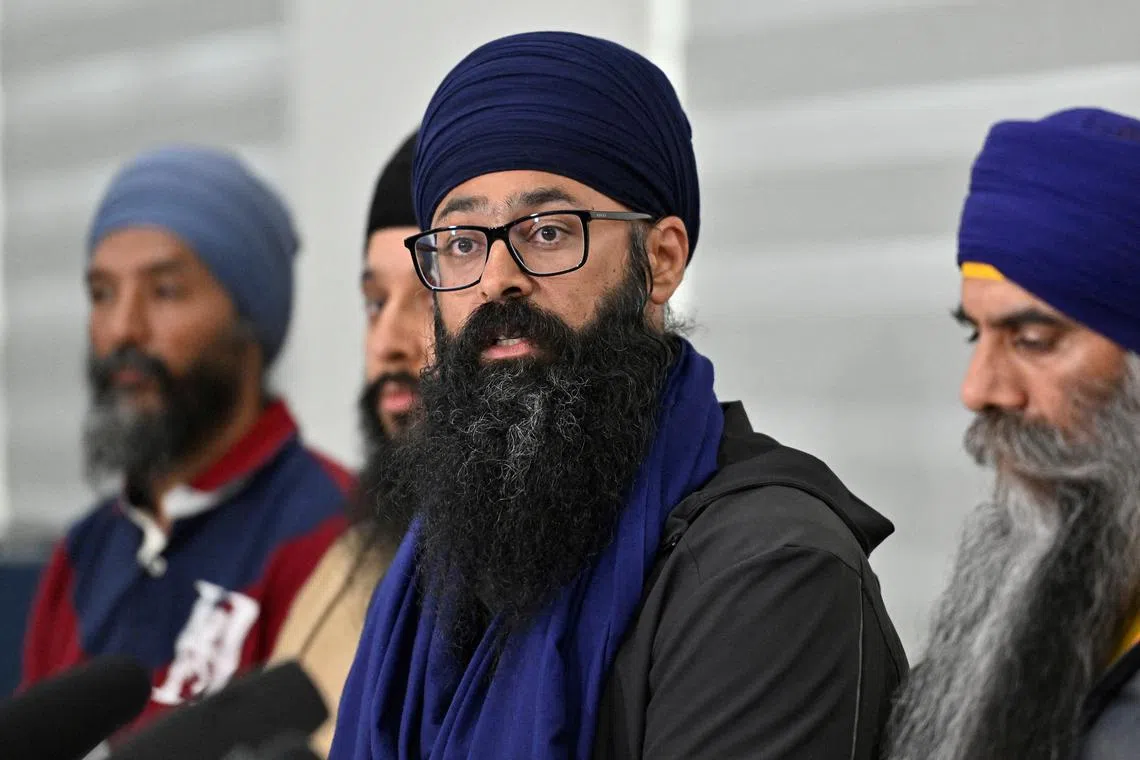 FILE PHOTO: Moninder Singh, spokesperson for BC Gurdwara council speaks at a press conference held at Guru Nanak Sikh Gurdwara, site of the 2023 murder of Sikh separatist leader Hardeep Singh Nijjar, in Surrey, British Columbia, Canada May 3, 2024.  REUTERS/Jennifer Gauthier/File Photo