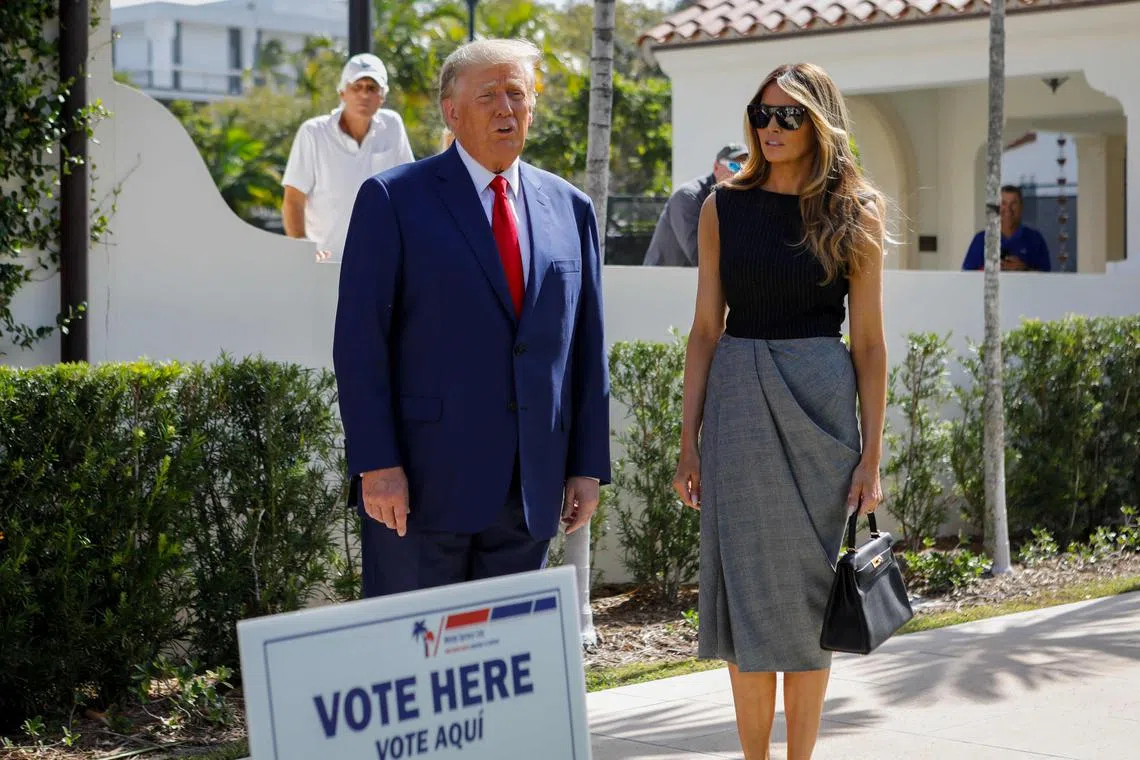 Former US President Donald Trump departing a polling station after voting in Palm Beach, Florida, on Nov 8, 2022.