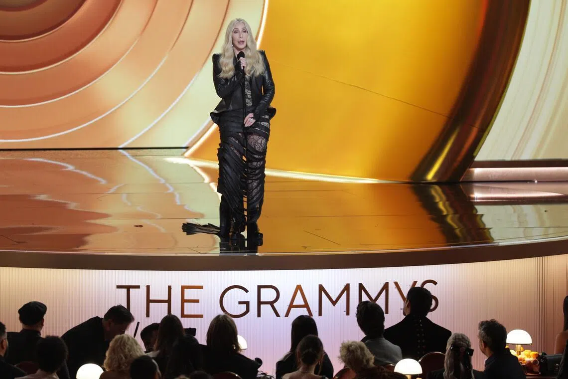 US singer-actress Cher onstage diuring the 68th annual Grammy Awards in Los Angeles, US on Feb 1, 2026.
