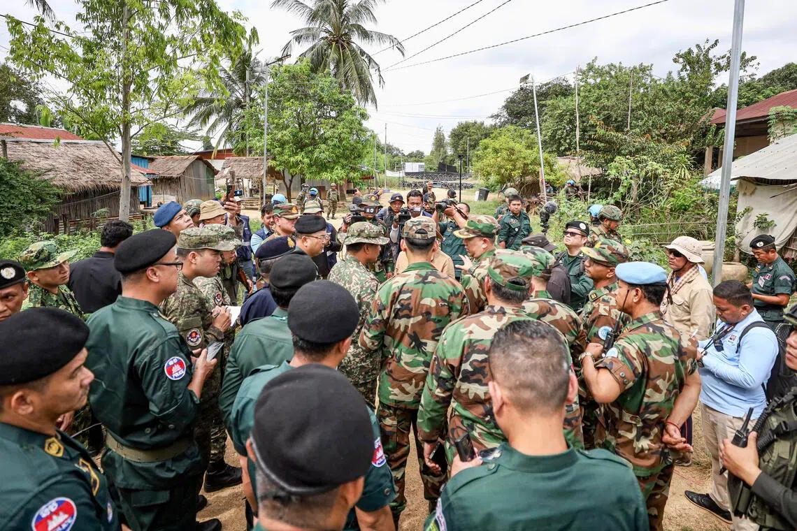 Members of the Asean Observer Team at Prey Chan village in Cambodia for inspection and observation on Nov 13.
