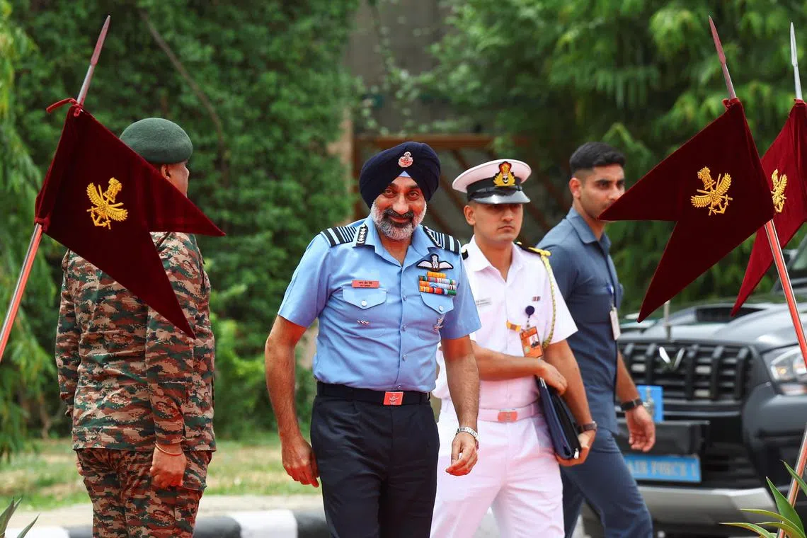 FILE PHOTO: Chief of the Air Staff Air Chief Marshal AP Singh looks on as he attends the ceremonial reception for Australian Deputy Prime Minister and Minister for Defence Richard Marles, in New Delhi, India, June 4, 2025. REUTERS/Anushree Fadnavis/File Photo