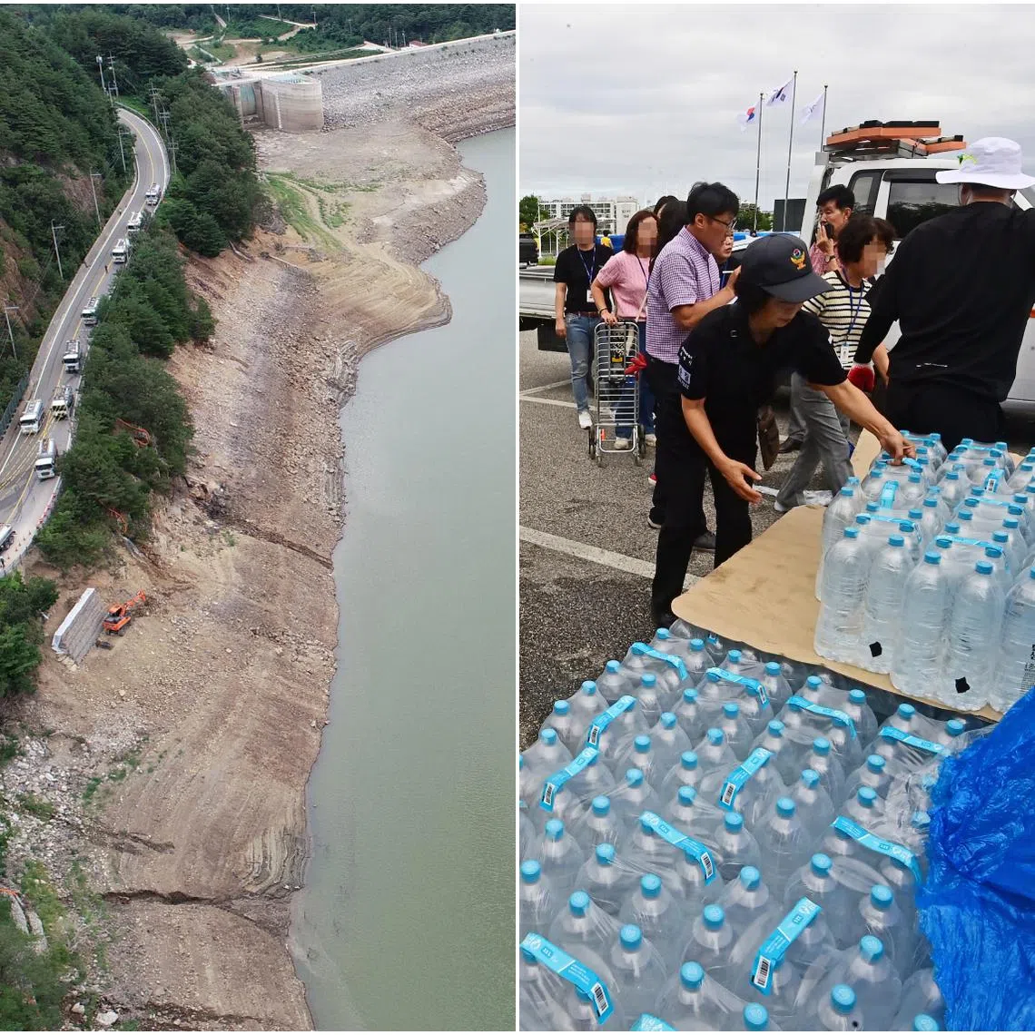 Residents receive rationed mineral water (right) as the water level of Obong Reservoir (left) fell to 13.3 per cent of normal levels in Gangneung on Sept 5.