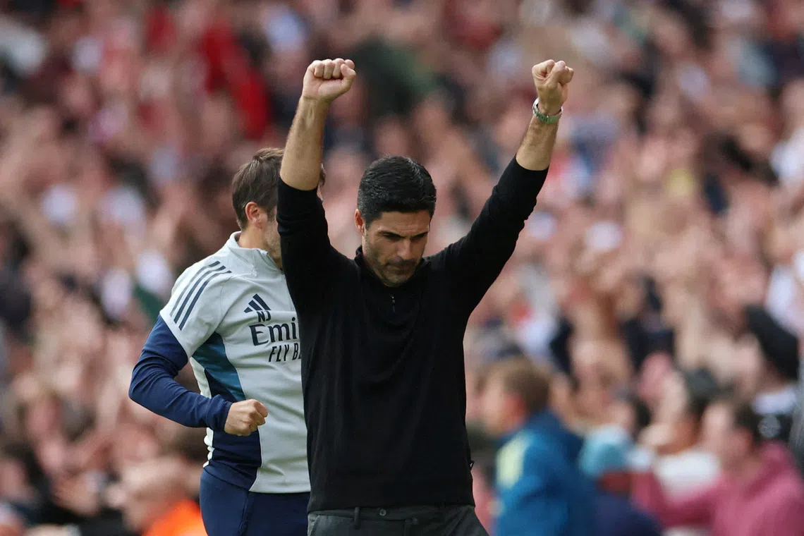 Soccer Football - Premier League - Arsenal v Nottingham Forest - Emirates Stadium, London, Britain - September 13, 2025 Arsenal manager Mikel Arteta celebrates after Martin Zubimendi scores their first goal REUTERS/Hannah Mckay