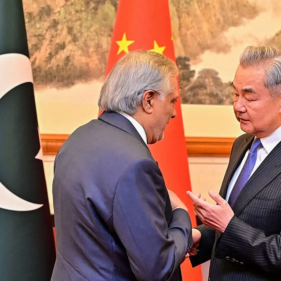 China's Foreign Minister Wang Yi (R) speaking with his Pakistani counterpart Ishaq Dar in Beijing on March 31.