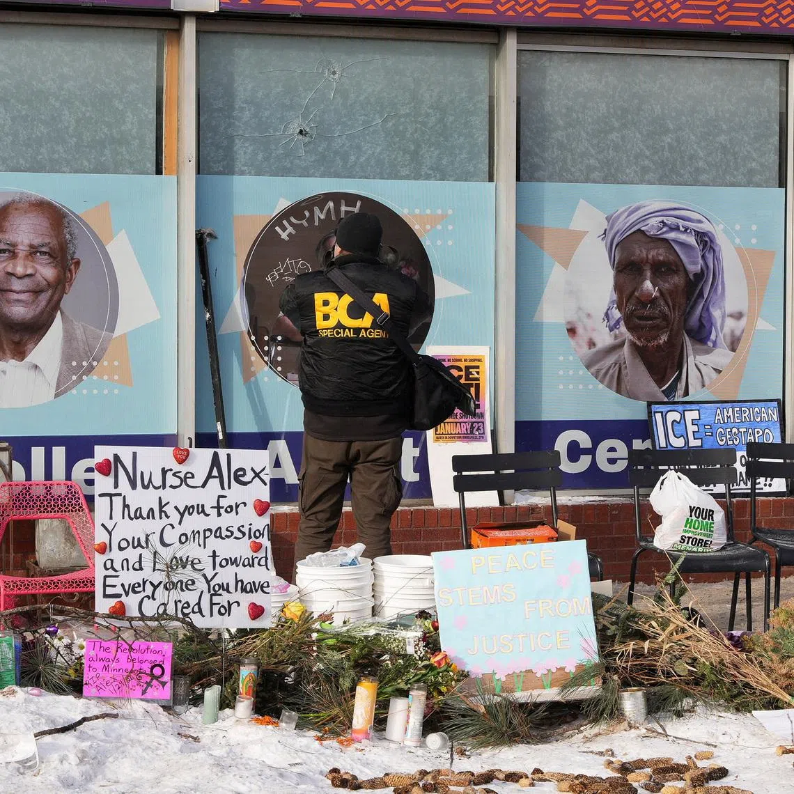 A member of the Bureau of Criminal Apprehension (BCA) works at the site where a man identified as Alex Pretti was fatally shot by federal immigration agents trying to detain him, in Minneapolis, Minnesota, U.S., January 25, 2026. REUTERS/Tim Evans
