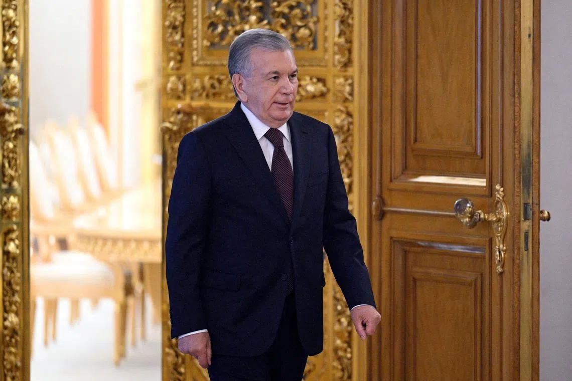 FILE PHOTO: Uzbek President Shavkat Mirziyoyev attends an informal meeting at a summit of leaders of nations, which are members of the Commonwealth of Independent States (CIS), in Moscow, Russia October 8, 2024. Sputnik/Ramil Sitdikov/Pool via REUTERS/File Photo