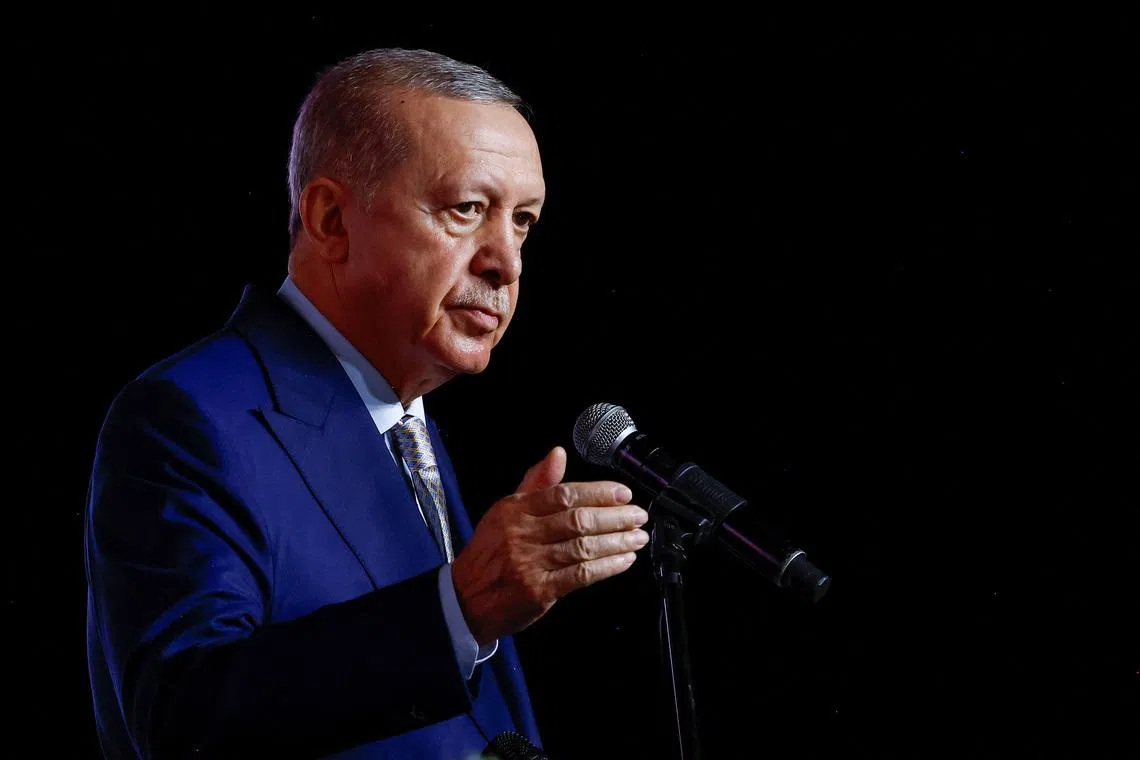 Turkey's President Tayyip Erdogan speaks to the media at the end of the G20 Leaders' Summit in Johannesburg, South Africa, November 23, 2025. REUTERS/Thomas Mukoya