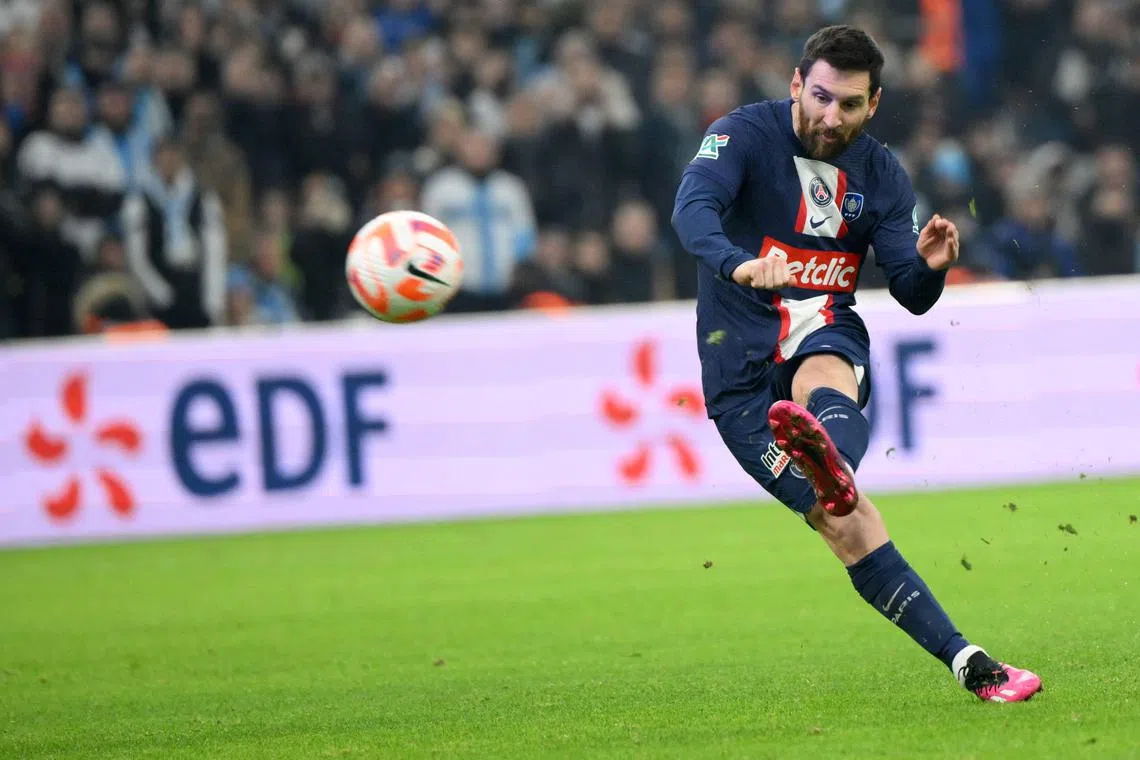 Paris Saint-Germain forward Lionel Messi taking a free-kick during the French Cup round-of-16 football match with Marseille.
