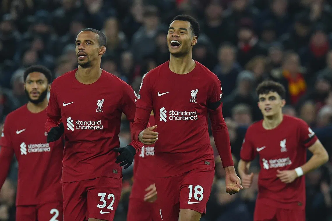 LIVERPOOL, ENGLAND - FEBRUARY 13: (THE SUN OUT, THE SUN ON SUNDAY OUT)  Cody Gakpo of Liverpool celebrates scoring the second goal during the Premier League match between Liverpool FC and Everton FC at Anfield on February 13, 2023 in Liverpool, England. (Photo by John Powell/Liverpool FC via Getty Images)