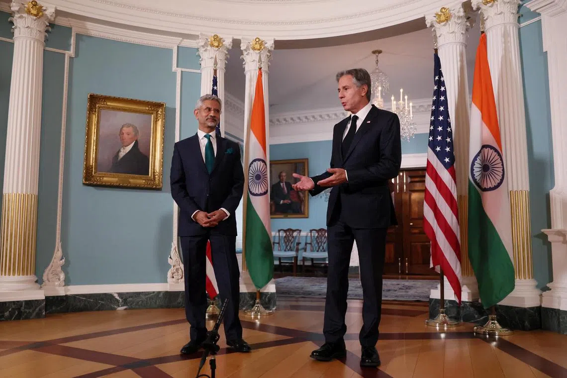 (From left) India's External Affairs Minister Subrahmanyam Jaishankar and US Secretary of State Antony Blinken and  say a few words to the news media as they meet at the State Department in Washington..