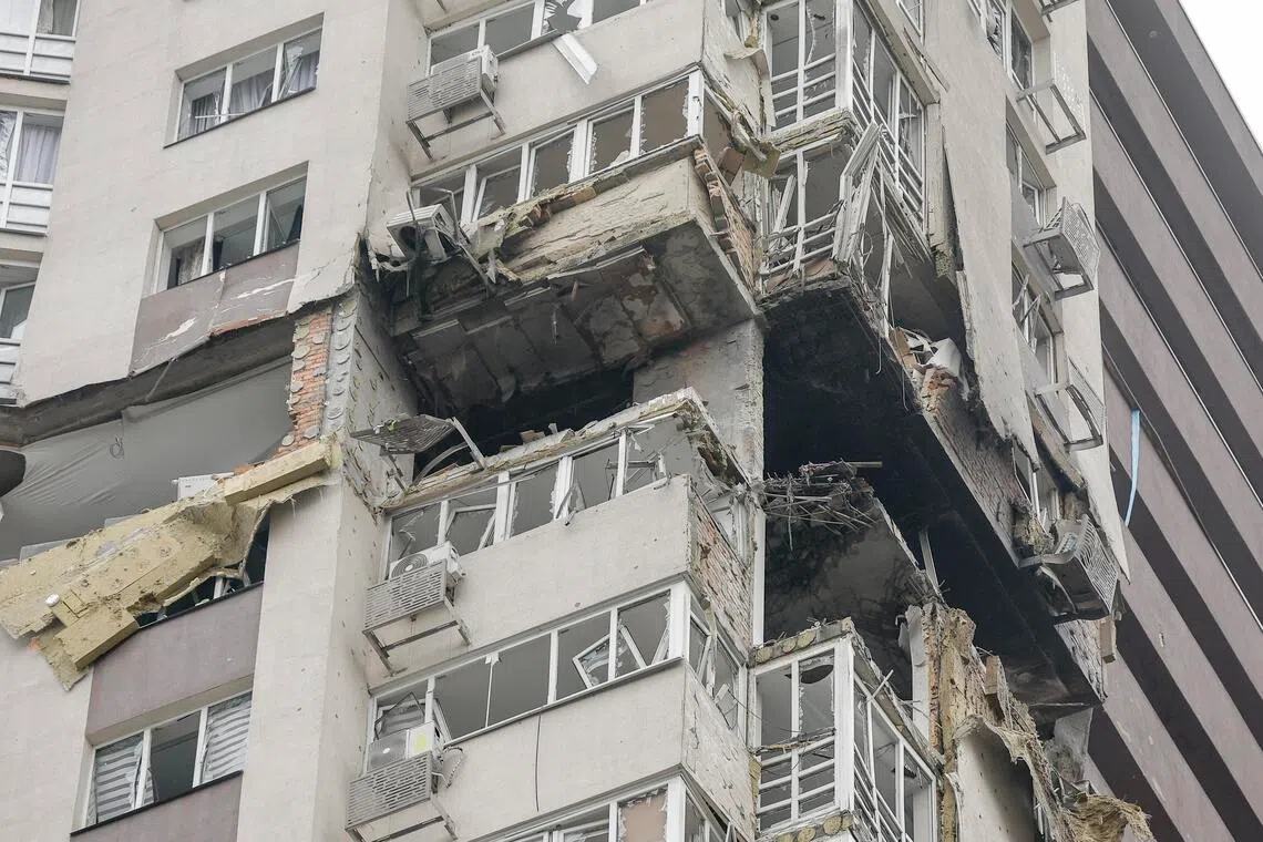 A high-rise residential building in Kyiv, Ukraine, on Oct 21, after it was hit by a Russian drone.