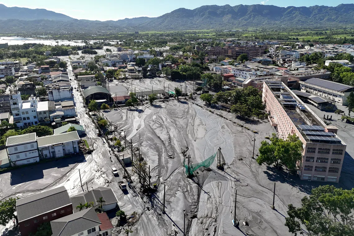 A drone view shows mud covering areas of Hualien due to flooding, following Super Typhoon Ragasa, Taiwan, September 25, 2025. REUTERS/Ann Wang