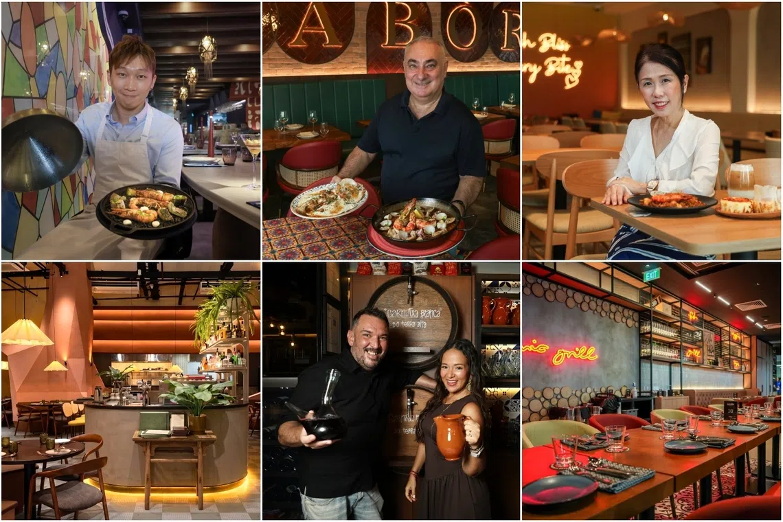 (Clockwise from top left) Amor co-founder and executive chef Leong Yu Wang; Mr Cataldo Caruso at Sabor Cocina Y Tapas; Casabites co-founder Sheryl Lim; Pura Brasa’s new outlet at PLQ; Casa Lola’s co-founders Marcela Pino and Juanjo Carrillo; and Casa Mori at Dempsey Road.