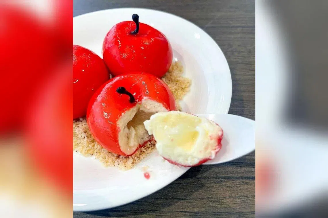 An “inclusive food” apple dessert developed by Kayo Shimizu that looks like a real apple.