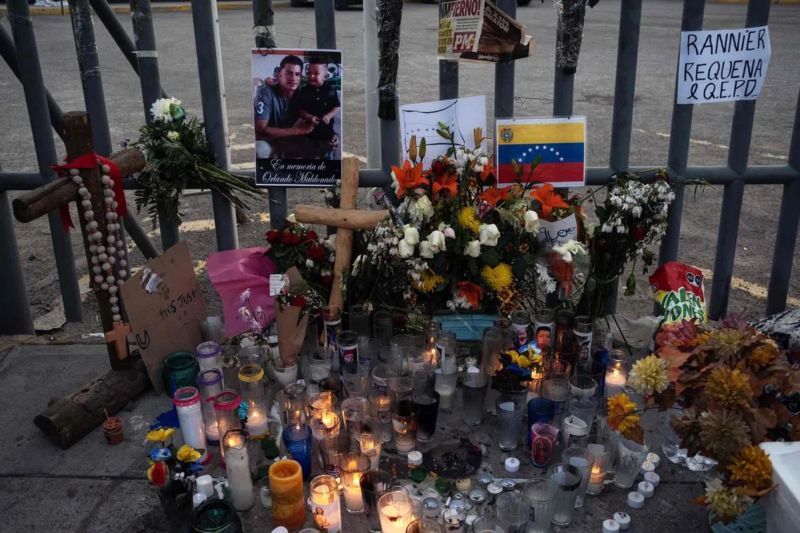 An altar is seen outside the immigration detention center where 39 migrants died during a fire in Ciudad Juarez, Mexico.