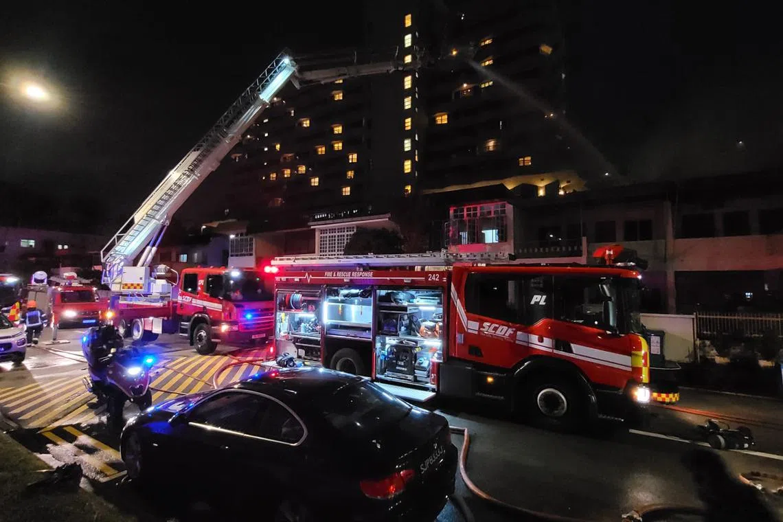 SCDF said it used these hydrants and a combined platform ladder to conduct aerial firefighting.