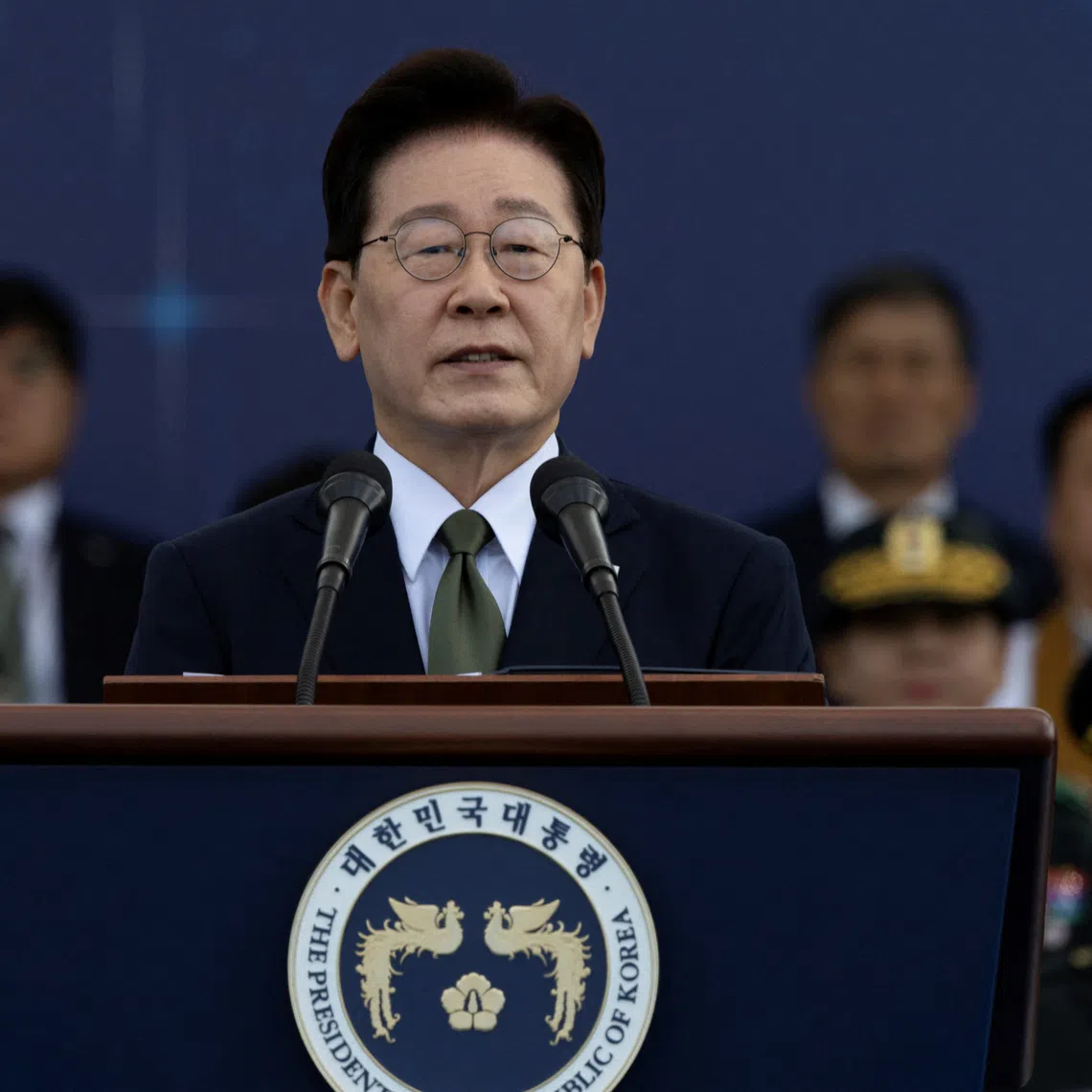 South Korean President Lee Jae Myung delivers a speech on Armed Forces Day.