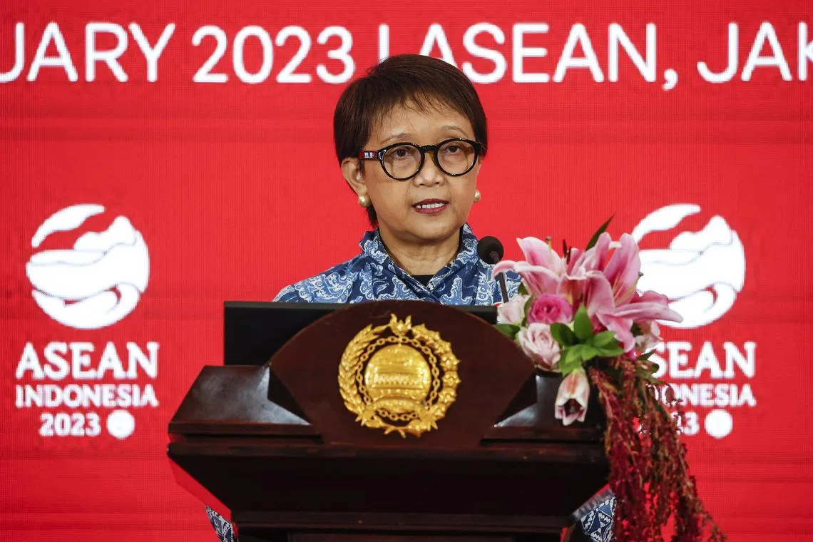 Indonesia's Foreign Minister Retno Marsudi delivers a press statement after the ASEAN Foreign Ministers Retreat in Jakarta, on Feb 4, 2023.