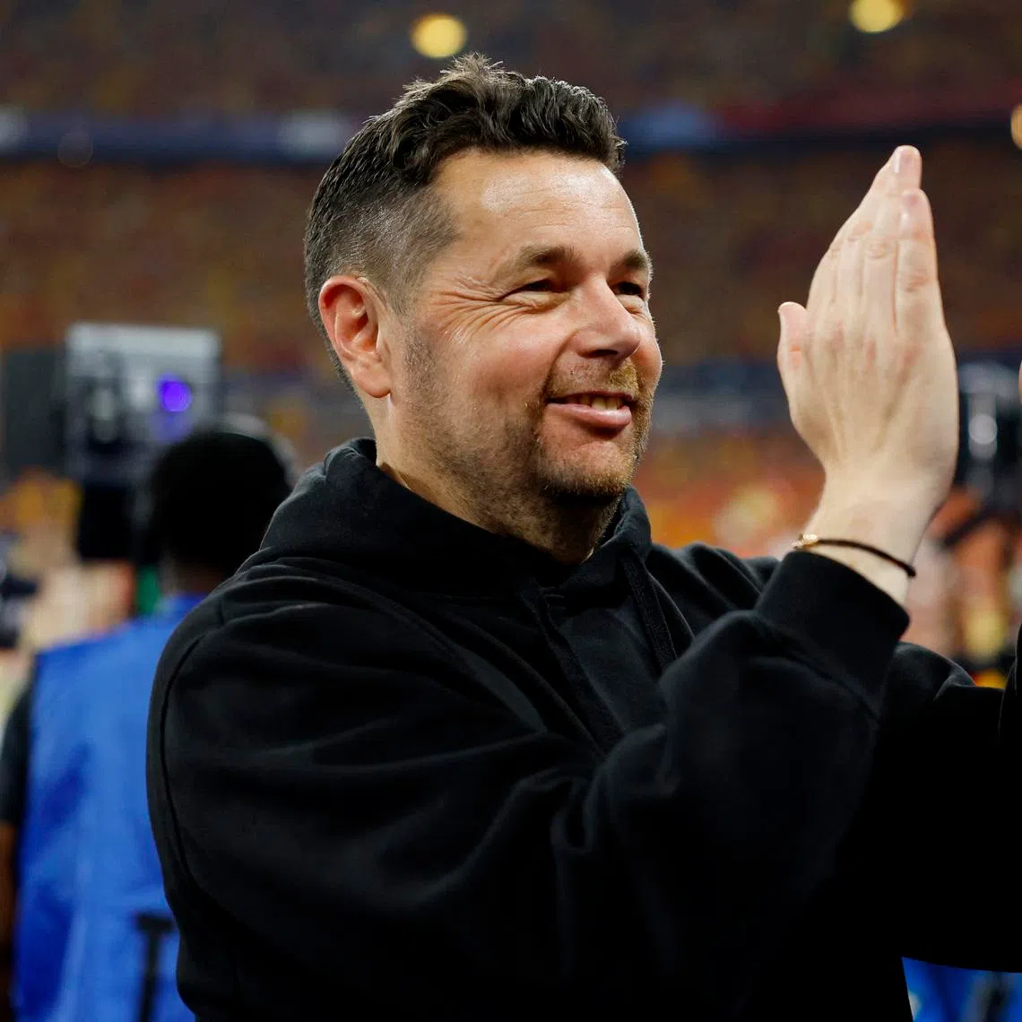 Pierre Sage celebrates after winning the Coupe de France with French club RC Lens in May.