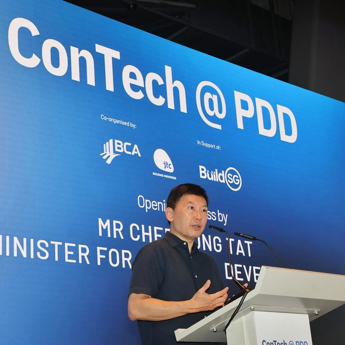 National Development Minister Chee Hong Tat speaking at ConTech @ PDD on July 17.