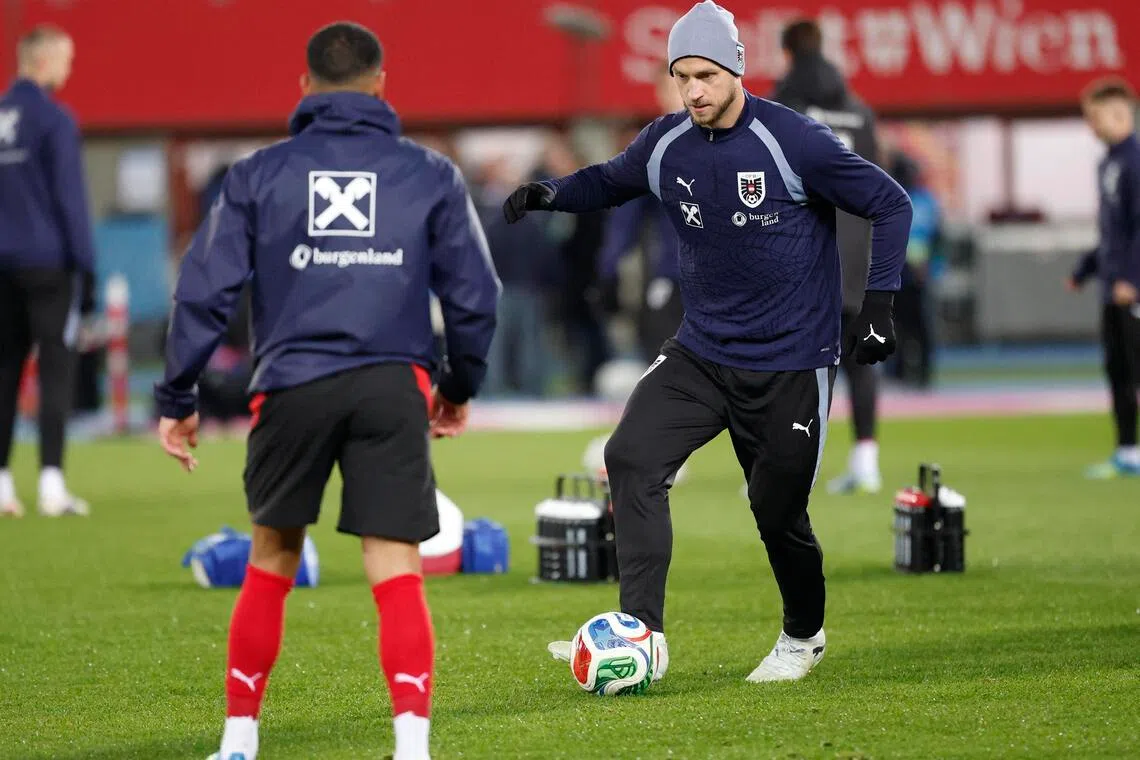 Austria's Marko Arnautovic during the warm up before the international friendly against South Korea at the Ernst Happel Stadion in Vienna on March 31, 2026.