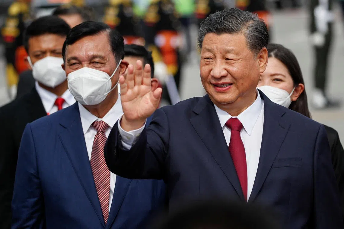 Chinese President Xi Jinping arriving at Ngurah Rai International airport in Bali, for the G-20 summit, on Nov 14, 2022. 