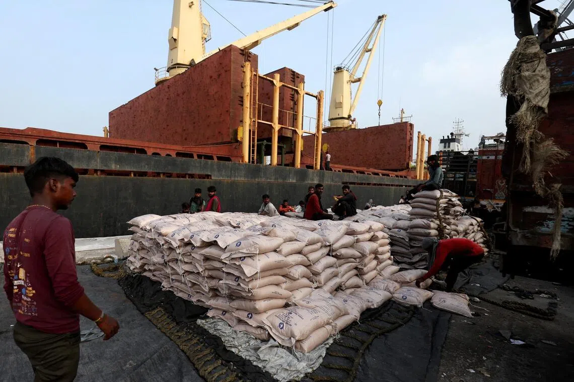 A worker arranges sugar bags in a net to load them onto a cargo ship at the Deendayal Port in Kandla, in the western state of Gujarat, India, on Sept 25, 2024.