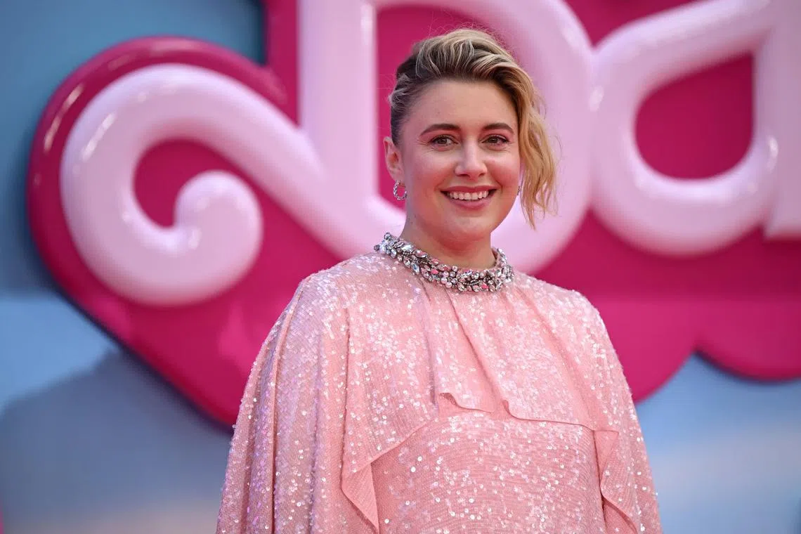 US director Greta Gerwig on the pink carpet at the European premiere of Barbie in central London on July 12, 2023.