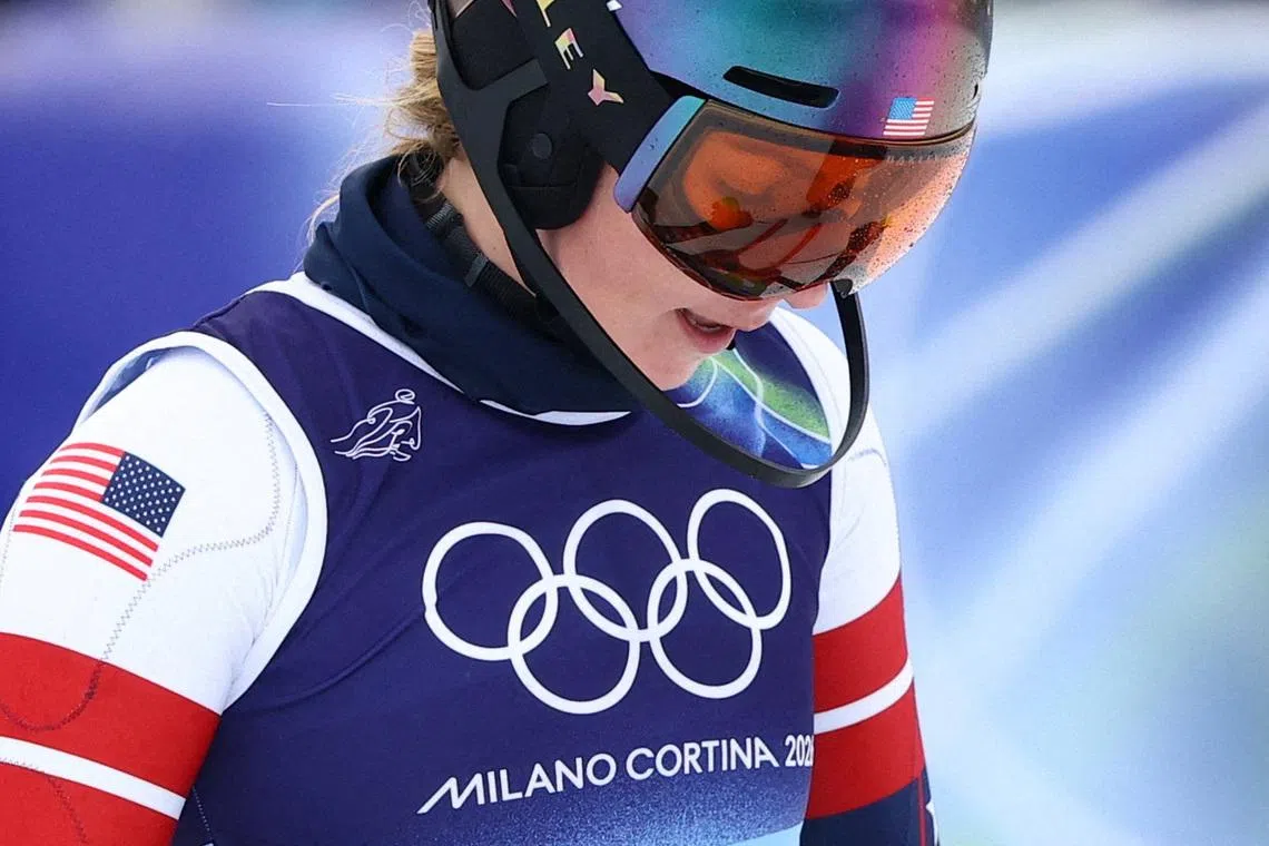 Milano Cortina 2026 Olympics - Alpine Skiing - Women's Team Combined Slalom - Tofane Alpine Skiing Centre, Belluno, Italy - February 10, 2026. Mikaela Shiffrin of United States reacts after her run during the Women's Team Combined Slalom REUTERS/Lisi Niesner