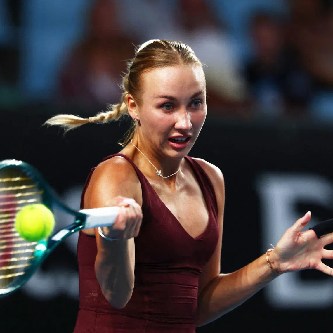 Tennis - Australian Open - Melbourne Park, Melbourne, Australia - January 18, 2026 Austria's Anastasia Potapova in action during her first round match against Netherlands' Suzan Lamens REUTERS/Tingshu Wang