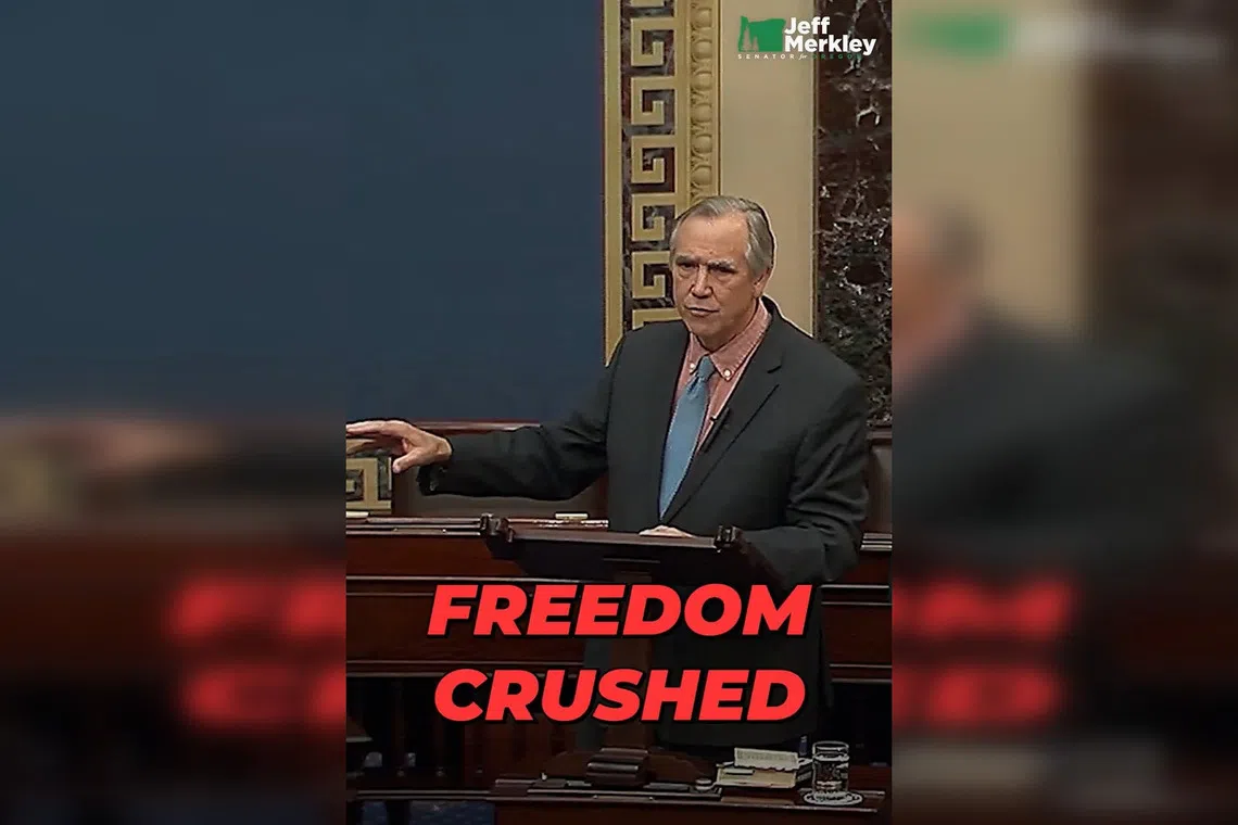 A screenshot from a video posted to X of Senator Jeff Merkley delivering his marathon speech on the Senate floor.