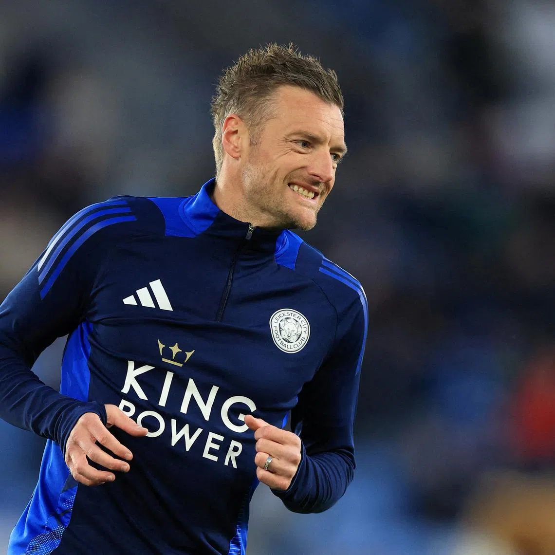 FILE PHOTO: Soccer Football - Premier League - Leicester City v Newcastle United - King Power Stadium, Leicester, Britain - April 7, 2025  Leicester City's Jamie Vardy during the warm up before the match Action Images via Reuters/Andrew Boyers/File Photo